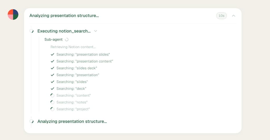 AI generating slides from Notion content with progress indicator