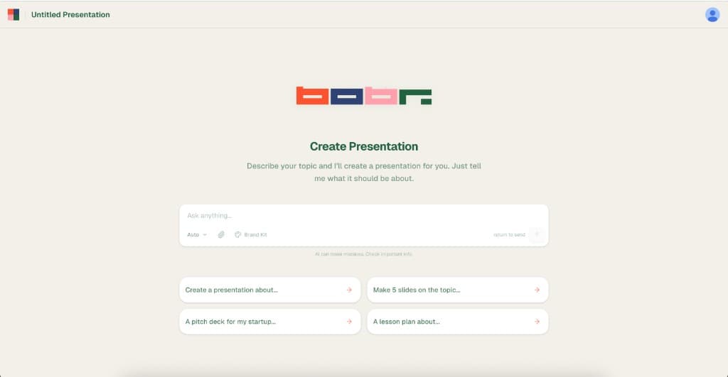 Bobr AI chat interface ready to create a new presentation