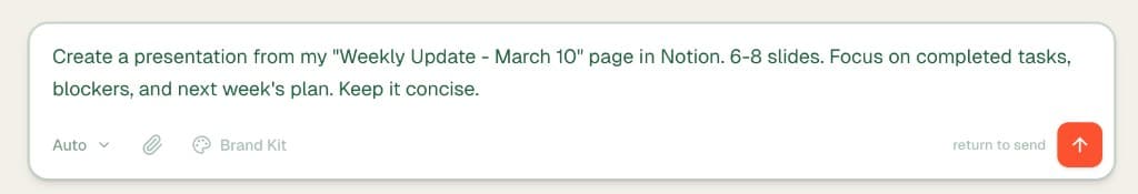 Chat prompt asking AI to create a presentation from a Notion page